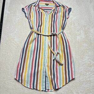 Womens Striped Cotton Gauze Short Sleeve Shirt Dress Size Large‎ Petite Rainbow